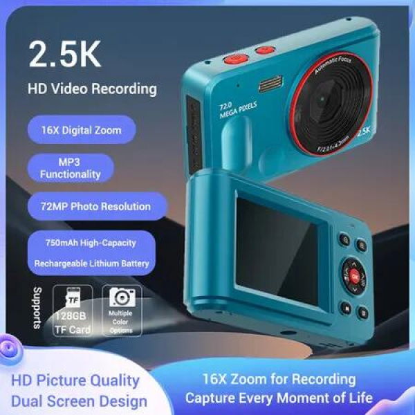 72MP Digital Camera 2.5K Video HD Camera 2.4 Inch Screen, 16x Zoom,Auto Focus,Handheld Camera for Kids Beginner Travel Home Photography Color Blue