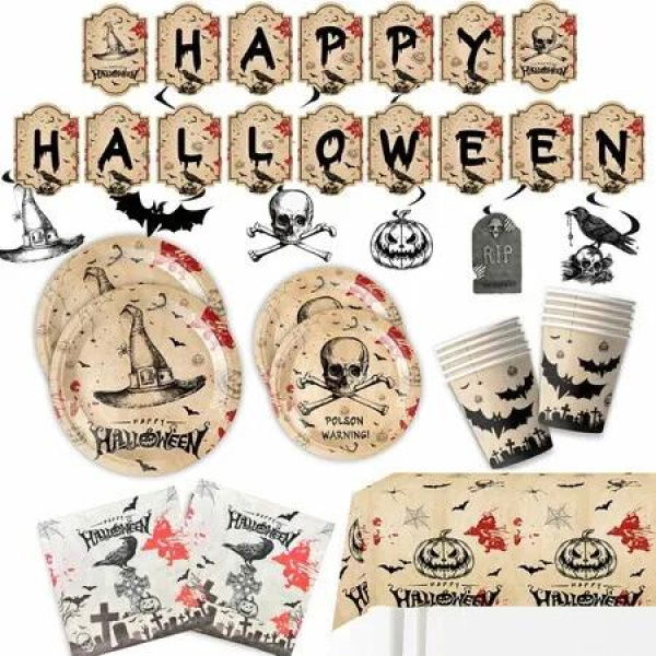 73 PCS Halloween Party Tableware Kit Disposable Paper Plates and Napkins with Pumpkin Ghost Decor, Perfect for Halloween Themed Birthday Parties