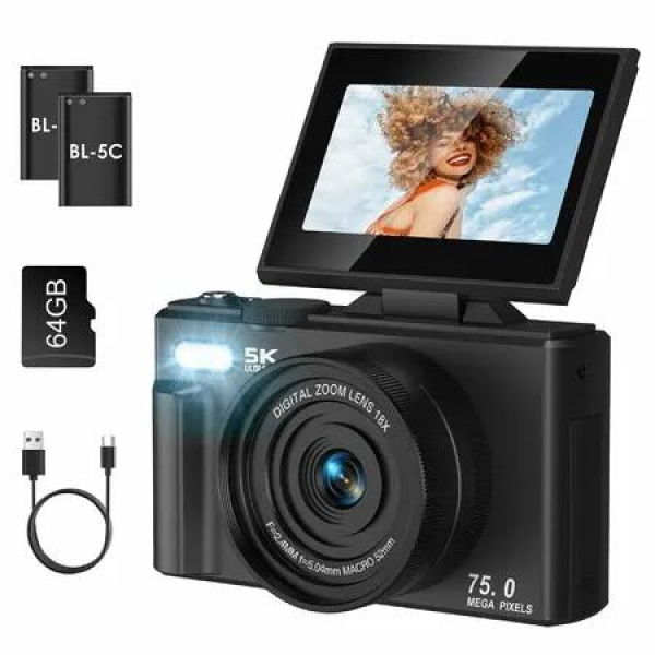 75MP Digital Camera 5K Video Vlogging YouTube Photography Flip Screen 18X Zoom Gift for Teens Color Black With Dual Batteries