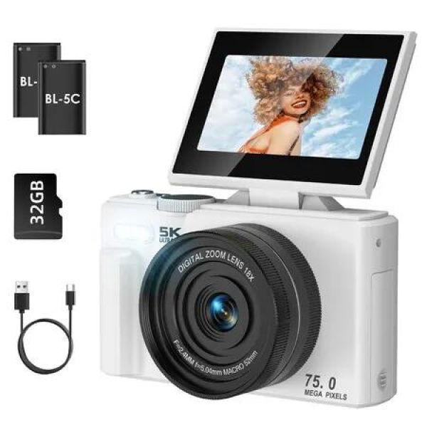 75MP Digital Camera 5K Video Vlogging YouTube Photography Flip Screen 18X Zoom Gift for Teens Color White With Dual Batteries