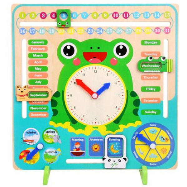 7-in-1 Montessori Educational Learning Toys Kids Calendar Multifunctional Wooden Frog Teaching Clock Weather Season Time Week Toys For Kids 3+