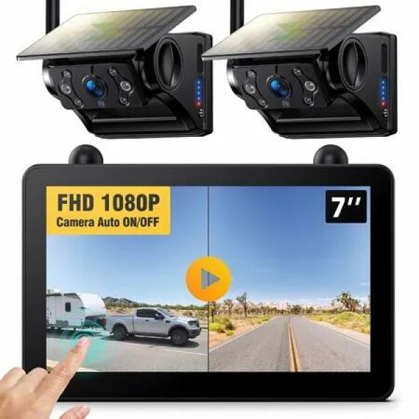 7INCH Touchscreen Solar Wireless RV Backup Dual Camera 1080P IPS Monitor Auto OnOff Rear View Night Vision Recording 32G card Trailer Truck