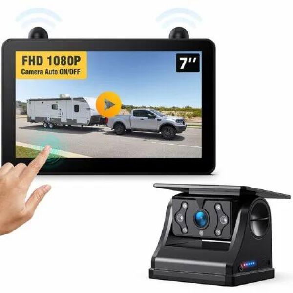 7INCH Touchscreen Solar Wireless RV Backup Touch Screen Camera 1080P IPS Monitor Auto OnOff Rear View Night Vision Recording 32G card Trailer Truck