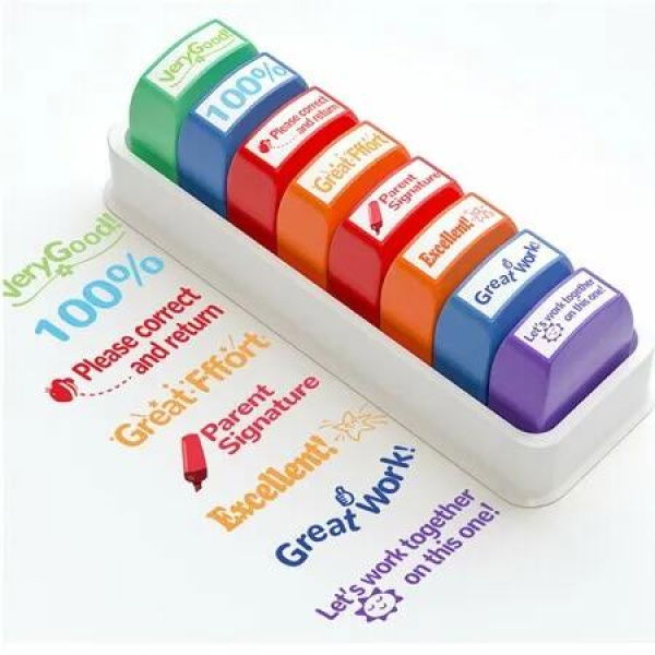 8 Colorful Self-Inking Motivational Teacher Stamps With Inks And Tray For Homework Grading,Encouraging Comments,Feedback Stamps For Classroom