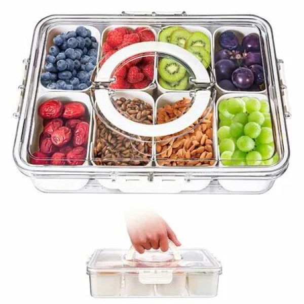 8 Compartment Square Food Storage Divided Serving Tray with Lid and Handle for Fruits Candy Nuts Snacks Ideal for Party Travel Picnics