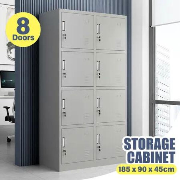 8 Doors Locker Cabinet Steel Storage Cupboard Unit Metal Lockable Clothes Work Filing Organiser for Home Office School Dorm Gym Room 185x90x45cm