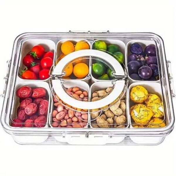 8 Grids Snack Container Food Box Fruits Tray Platter Divided Serving Tray with Lid and Handle Travel Organizer Portable for Candy,Nuts,Chip