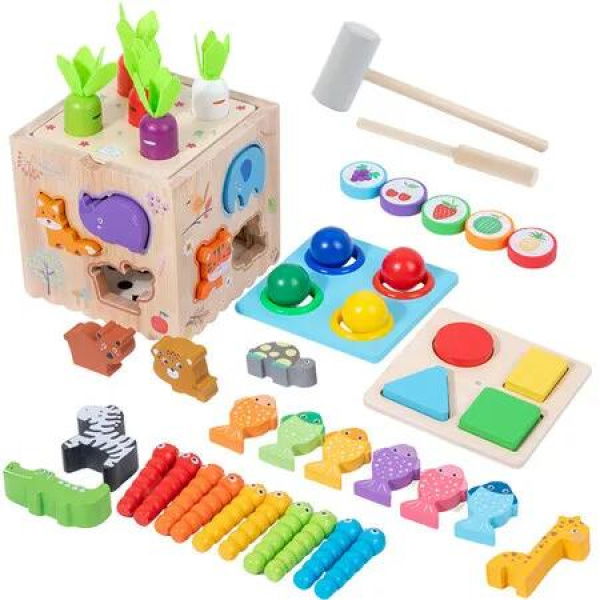 8 in 1 Montessori Toys for Boys and Girls, Includes Object Permanence Box, Montessori Coin Box, Carrot Harvest Game, Matchstick Color Drop Game