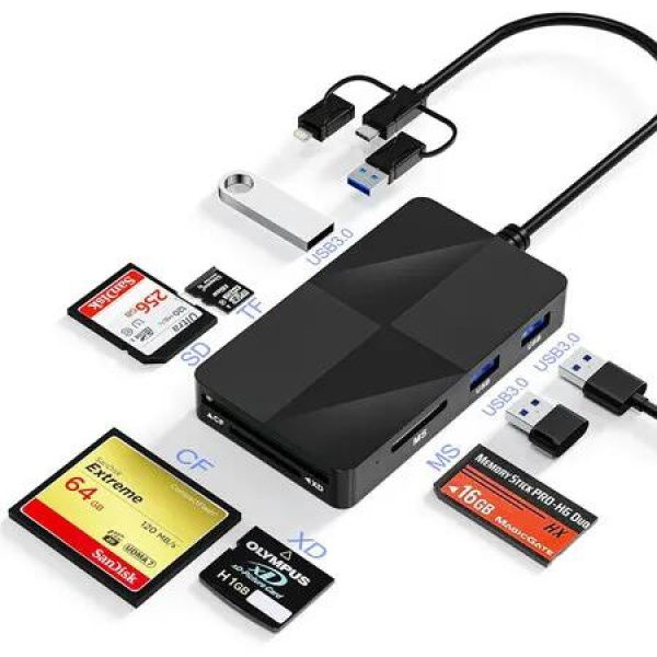8 in 1 Multi Memory Stick Pro Duo Adapter Hub with 3 USB 2.0 Ports, Lightning USB A and USB C Memory Card Reader OTG Adapter Supports Micro SD SDHC XD Card