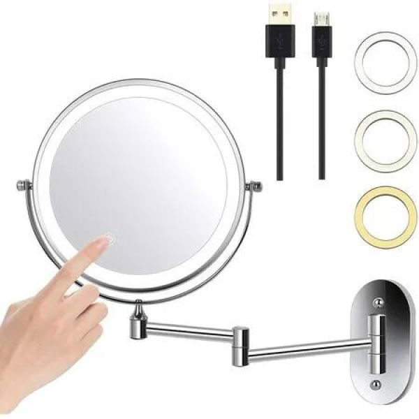 8-inch LED Wall-Mounted Makeup Mirror with 3 adjustable Color(warm,natural,cool),USB Charge,Sensitive touch screen for easy contro,Perfect for bathrooms hotels(Sliver)