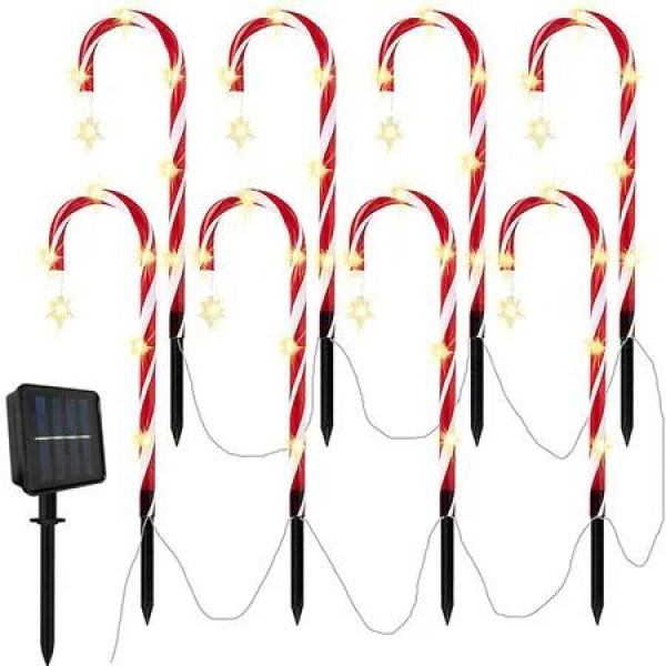 8 LED Solar Christmas Candy Cane Lights Outdoor Pathway Markers with Star for Walkway Driveway Lawn Yar and Garden