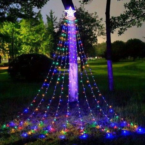 8 Modes Solar LED Waterfall String Lights 260pcs Light Beads Suitable for Holiday Christmas Party Favor Garden Decoration Colorful Lights