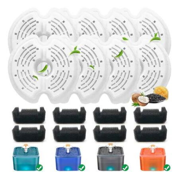 8 Pack Cat Water Fountain Filters with 8 Sponges, Pet Replacement Filters for 67oz/2L Pet Drinking Fountain Dog Water Dispenser