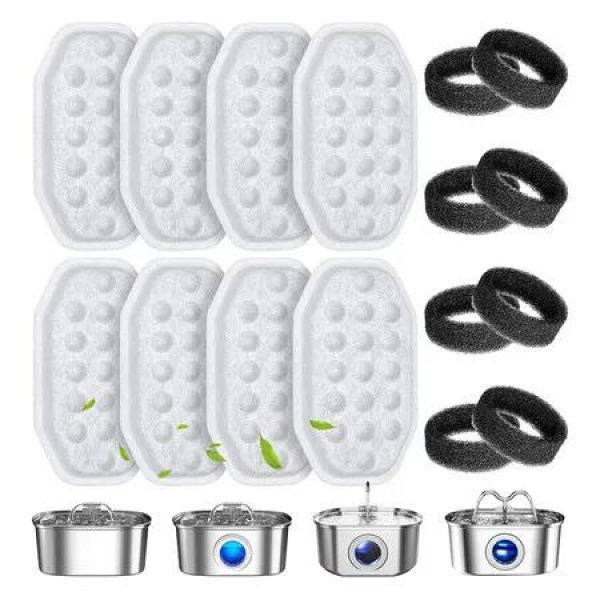 8 Pack Cat Water Fountain Replacement Filters and Filter Sponges for 108oz/3.2L Stainless Steel Pet Water Fountain
