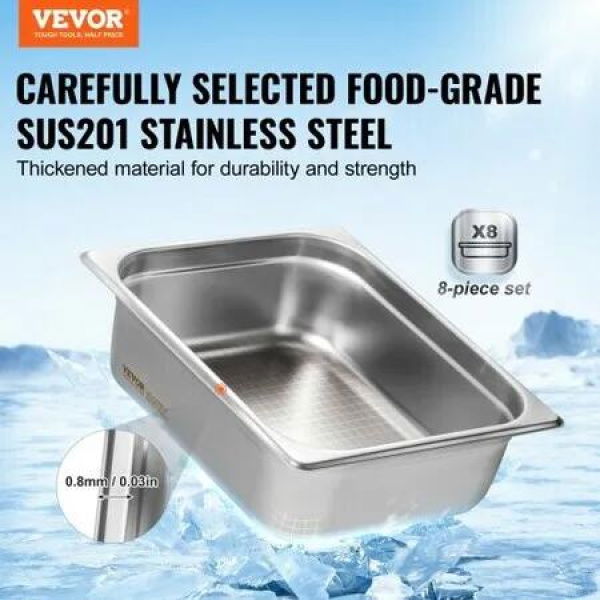 8 Pack Hotel Pans 1/2 Size Anti-Jam Steam Pan with Lid 0.8mm Thick Stainless Steel Steam Table Pan 4-Inch Deep Commercial Table Pan Catering Storage