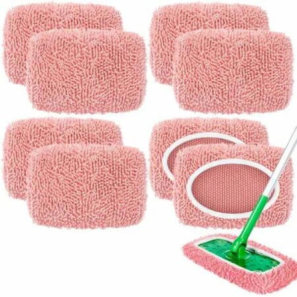 8 Pack Reusable Mop Replacement Pads Compatible with Swiffer Sweeper Microfiber Chenille Washable Mop Pads Dry Wet Sweeping Mopping Cloths(Pink)
