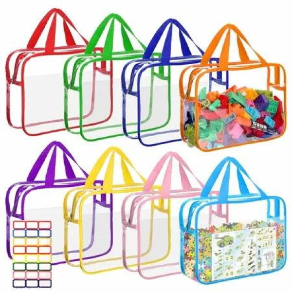 8 Packs Toy Storage Bags with Labels Manual Pocket,Reusable PVC Board Game Storage Bags Waterproof Organizer Bags with Zipper for Building Blocks