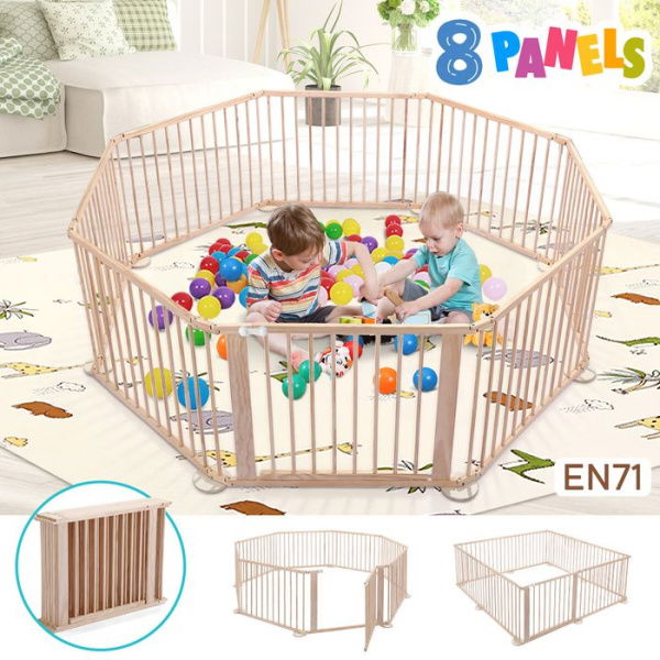 8 Panels Baby Playpen Gate Pen Playground Activity Centre Dog Pet Cat Safety Fence Enclosure Barrier Pine Wood Play Room Portable