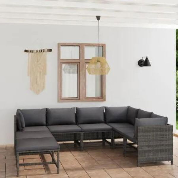 8 Piece Garden Lounge Set with Cushions Poly Rattan Grey