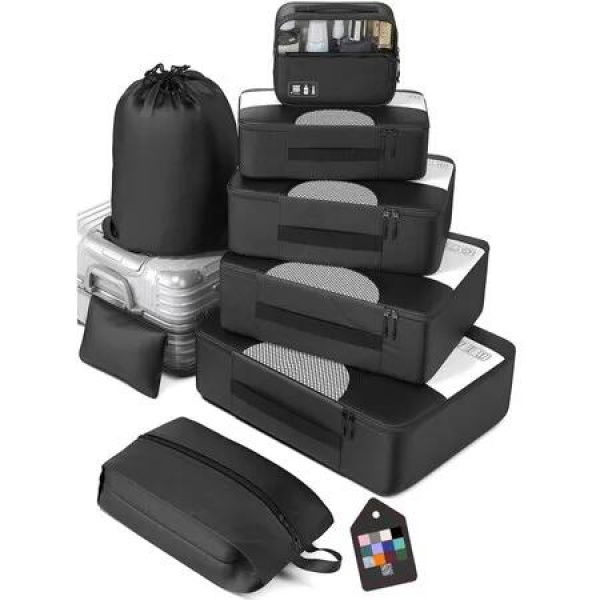 8-Piece Packing Cube Set for Suitcases: Travel Essentials for Carry-On and Luggage Organization (Extra Large, Large, Medium, Small) in Black