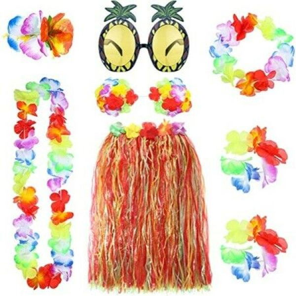 8 Pieces Hawaiian Grass Hula Skirt Set Necklace Bracelets Bikini Top - Mixed Color Skirt