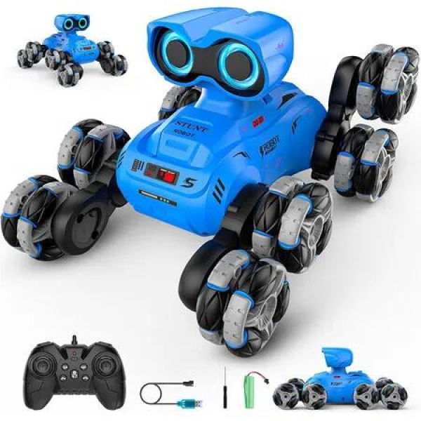 8-Wheel Stunt Remote Control Car with Auto-Demonstration, 2.4Ghz All Terrain RC Cars with LED Eyes and Music, Birthday Gift for Boys Girls (Blue)