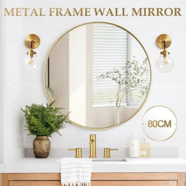 80cm Round Wall Mirror Bathroom Gold Standing Vanity Mount Circle Large Decorative Bedroom Hallway Makeup Shower Shaving