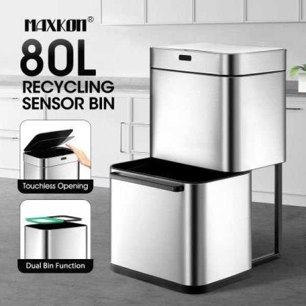 80L Dual Rubbish Bin Dustbin Sensor Recycling Trash Can Kitchen Waste Garbage Stainless Steel Silver