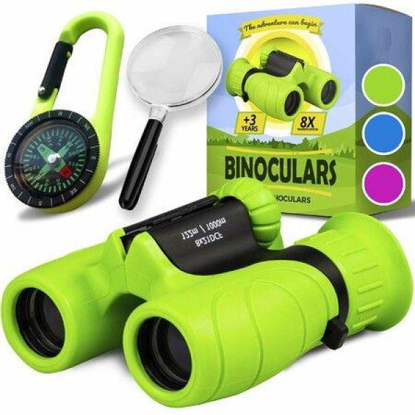 8*21 Magnification Binoculars for Kids, Set with Magnifying Glass And Compass Christmas Toys for Kids(Green)