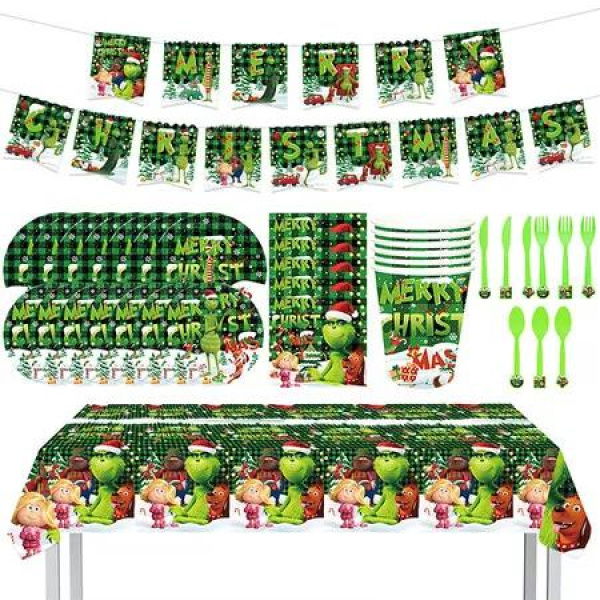 82Pcs Christmas Theme Grinch Party Tableware Set Paper Plates Cups Banners Tablecloth Merry Christmas Decorations Party Supplies