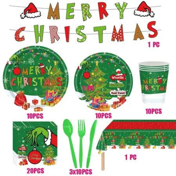 82Pcs Christmas Theme Grinch Party Tableware Set Paper Plates Cups Banners Tablecloth Merry Christmas Decorations Party Supplies