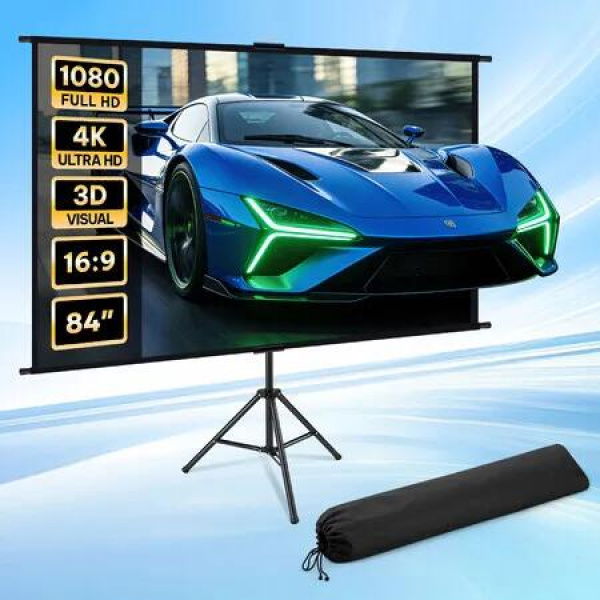84 Inch Projector Screen Tripod 4K Ultra HD 16:9 Large Home Theatre Movie Cinema TV Projection Portable Foldable 3D Indoor Outdoor Backyard Events