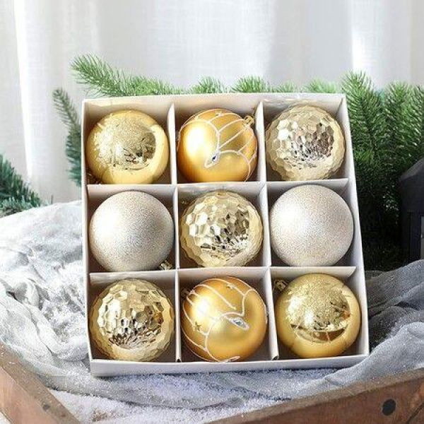 8CM Christmas Balls Gift Box 9PCS Christmas Tree Decoration Painted Christmas Gift Package Balls Gold