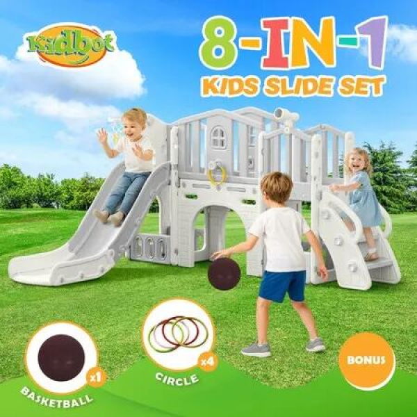 8in1 Kids Slide Set Ladder Steps Indoor Playground Basketball Hoop Activity Centre Play Climber Telescope Ring Toss Game Tunnel Outdoor Toys Playset