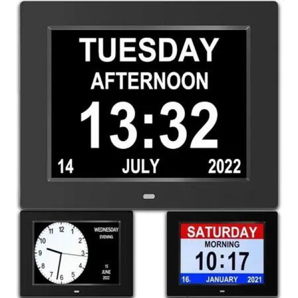 8inch Extra Large Clock Easy Read for Elderly Senior 3 Display Digital Calendar Alarm Clock Col. Black