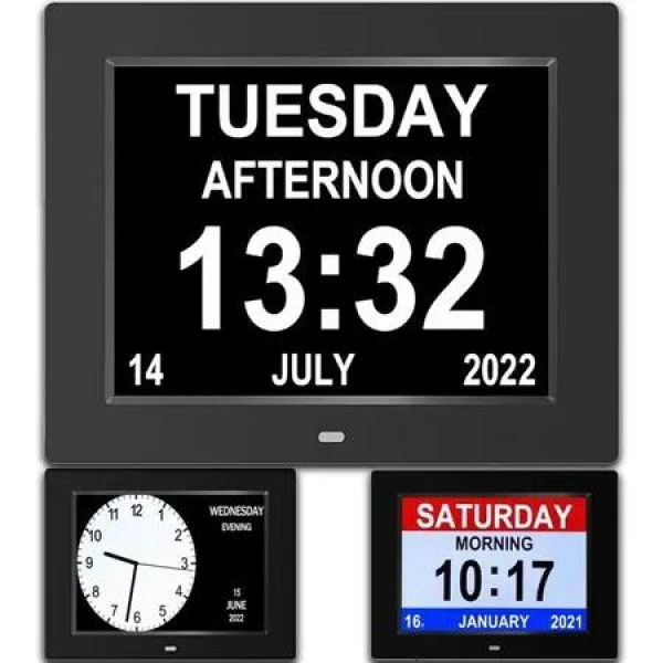 8inch Extra Large Clock Easy to Read for Elderly Senior Digital Calendar Alarm 3 Display Black