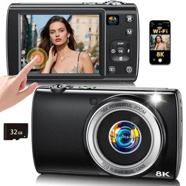 8K Digital Camera for Photography, WiFi 88MP Vlogging Camera for YouTube with Dual Lens, Touch Screen, Autofocus Anti Shake, 16X Zoom, 32GB Card