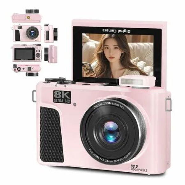 8K Digital Camera for Photography,88MP WiFi Vlogging Camera,UHD Auto Focus Video Camera with 3inch 180 Rotating Screen,18x Zoom,Flash,18 Filters Pink