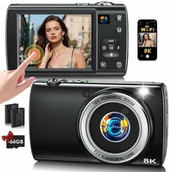 8K Digital Camera for Photography,WiFi 88MP Vlogging Camera with Dual Lens,Touch Screen,Autofocus Anti-Shake,16X Zoom,64GB Card,2 Batteries,Black