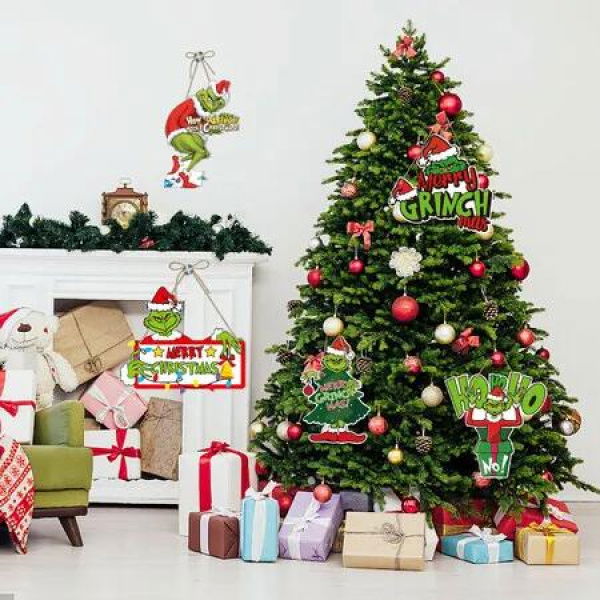 8PCS Christmas Grinch Hanging Sign Ornaments, Wooden Christmas Tree Door Decor,Christmas Decorations For Door,Wall,Tree