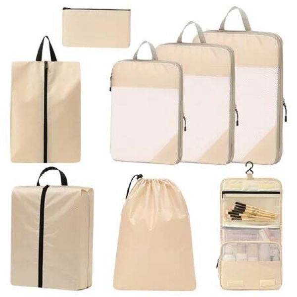 8pcs Compression Travel Packing Organizer Set Toiletries Cosmetics Shoes Luggage Clothing Christmas Gift COL Beige