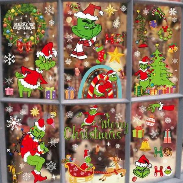 8Pcs Grinch Christmas Window Stickers Double-Sided Christmas Decorations Grinch Party Supplies