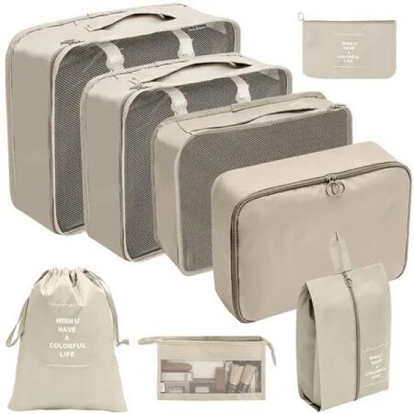 8Pcs set Large Capacity Luggage Storage Bags For Packing Cube Clothes Underwear Cosmetic Travel Organizer Bag Toiletries Pouch Color Light Brown