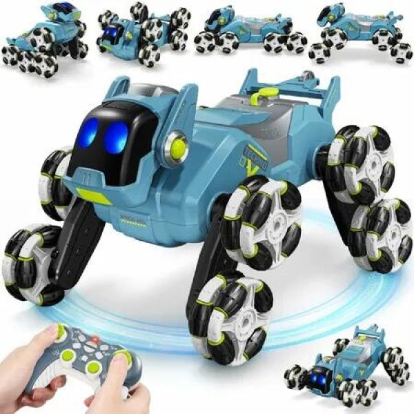 8WD RC Stunt Car Toys 2.4GHz 360 Degree Rotating Changeable Robot Dog Remote Control Car Toys with Spray and Lights (Blue)