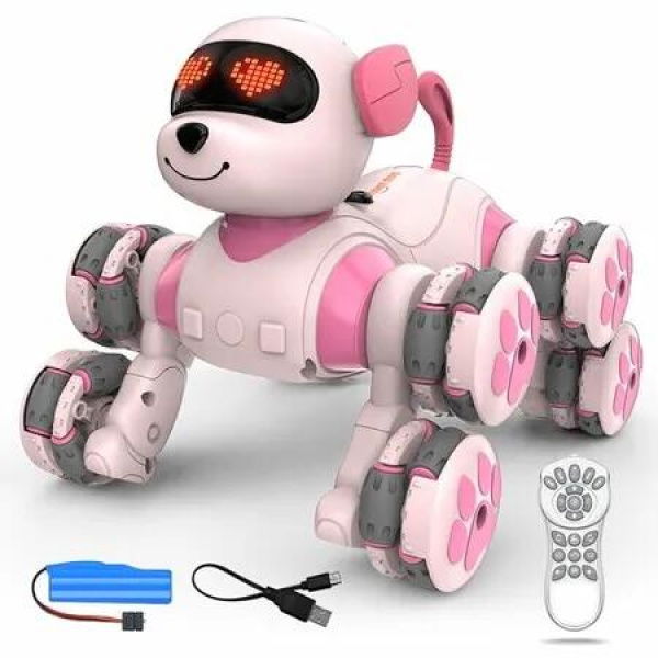 8WD Stunt RC Car Robot Dog Toys 2.4GHz Remote Control with LED Eyes,Smart Interactive Programmable Robot Toys Gift for Boys Girls Age 3+ Year Old(Pink)