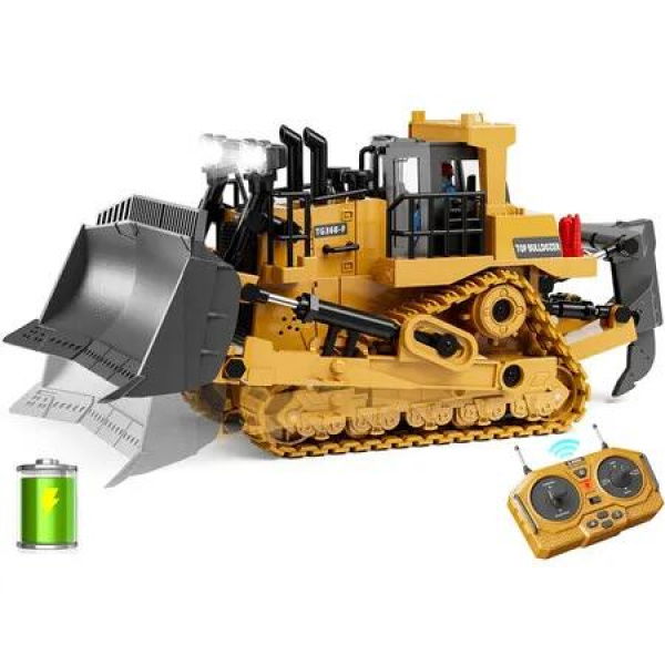 9 Channel Metal RC Bulldozer,Realistic Remote Control Kids Construction Play Toys with Lights and Sound,Track Type Tractor Toys,Birthday Gift for Ages 3+