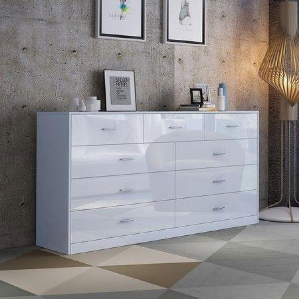 9 Drawer Cabinet Sideboard Bathroom Storage Units White High Gloss Front