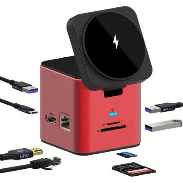 9 In 1 Laptop Docking Station Compatible with MagSafe Type-C With PD 100W Output,3x USB 3.0 Fast Transmission,15W Wireless Charging,HDMI,SD,TF Slot-Red