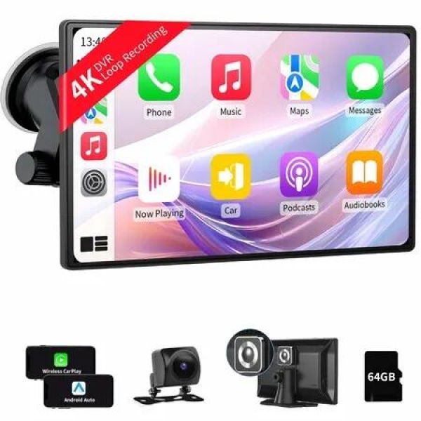 9 Inch IPS Touchscreen Wireless Carplay and Android Auto with 4K Dash Cam and 1080P Backup Camera,Loop Recording,AirPlay,Mirror Link,GPS Navigation,Bluetooth,FM Transmit