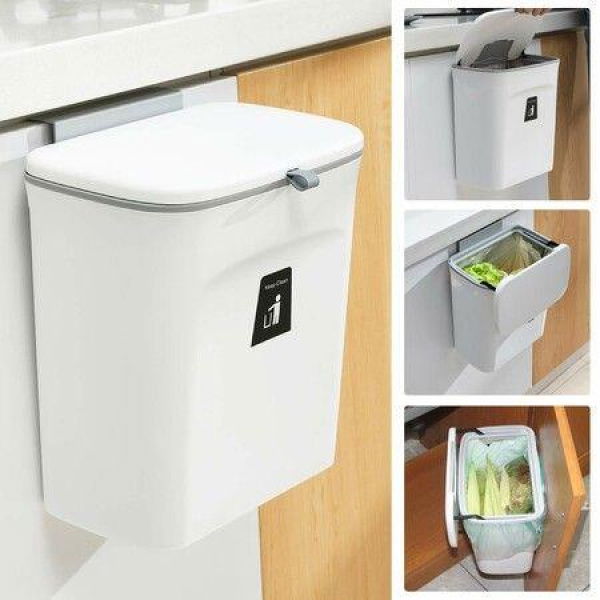 9L Kitchen Compost Bin Hanging Small Trash Can With Lid For Bathroom/Bedroom/Camping - White.